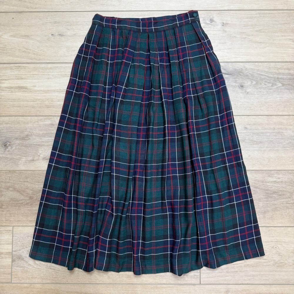 Charter Club Classic Womens Green Plaid Pleated Midi Skirt‎ Vintage Academia